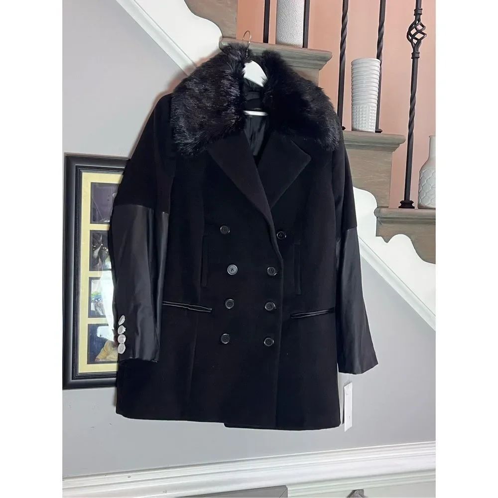 Hal Ruberstein Black Faux Fur Removable Collar Double Breasted Coat sz XL NWT
